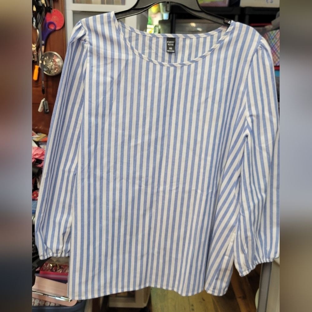 Emery Rose XXL Blue White Striped Blouse Gathered Elastic Wrist
